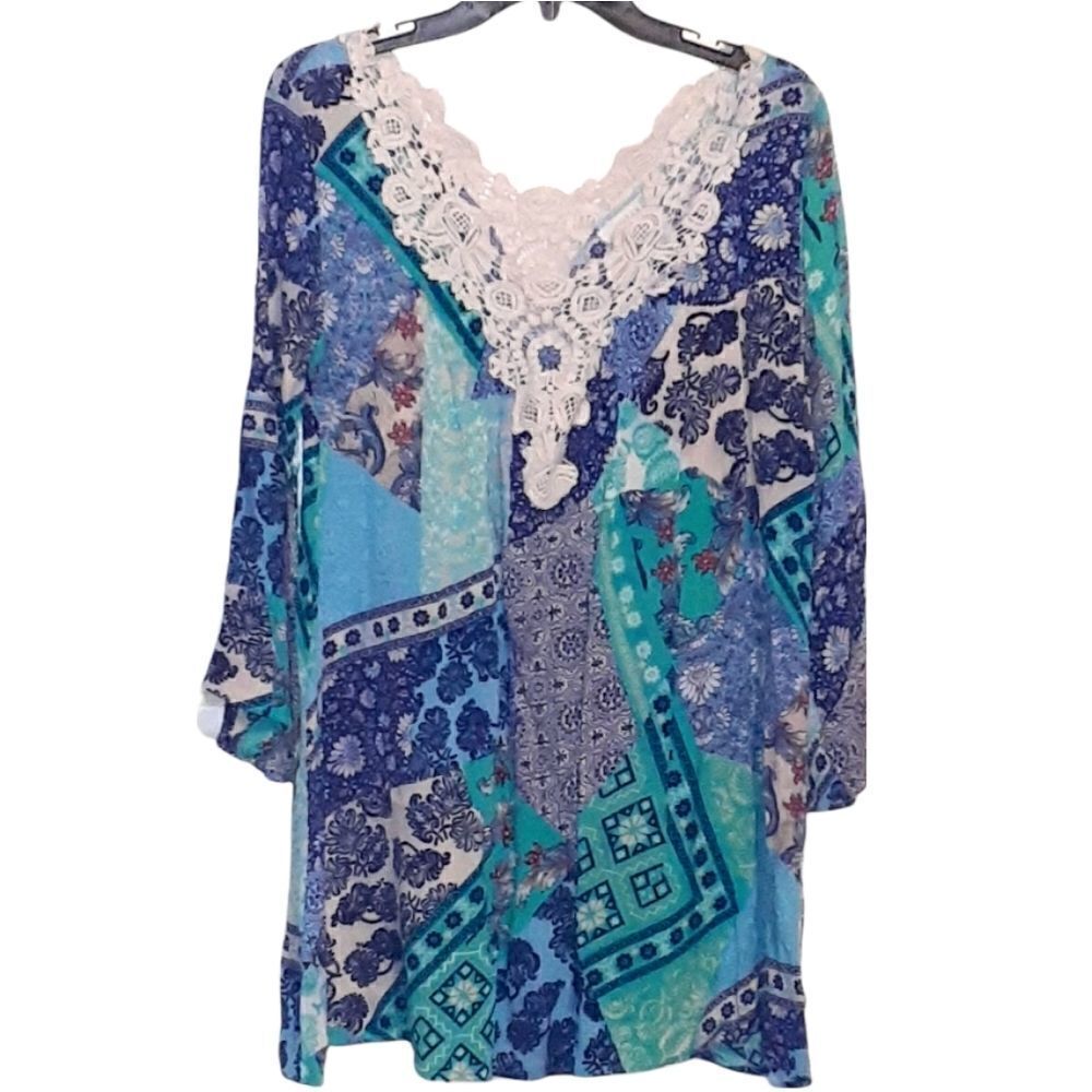 entro Patchwork Dress Size S Cotton Lace Trim V Neck Bell Sleeves Blue Green